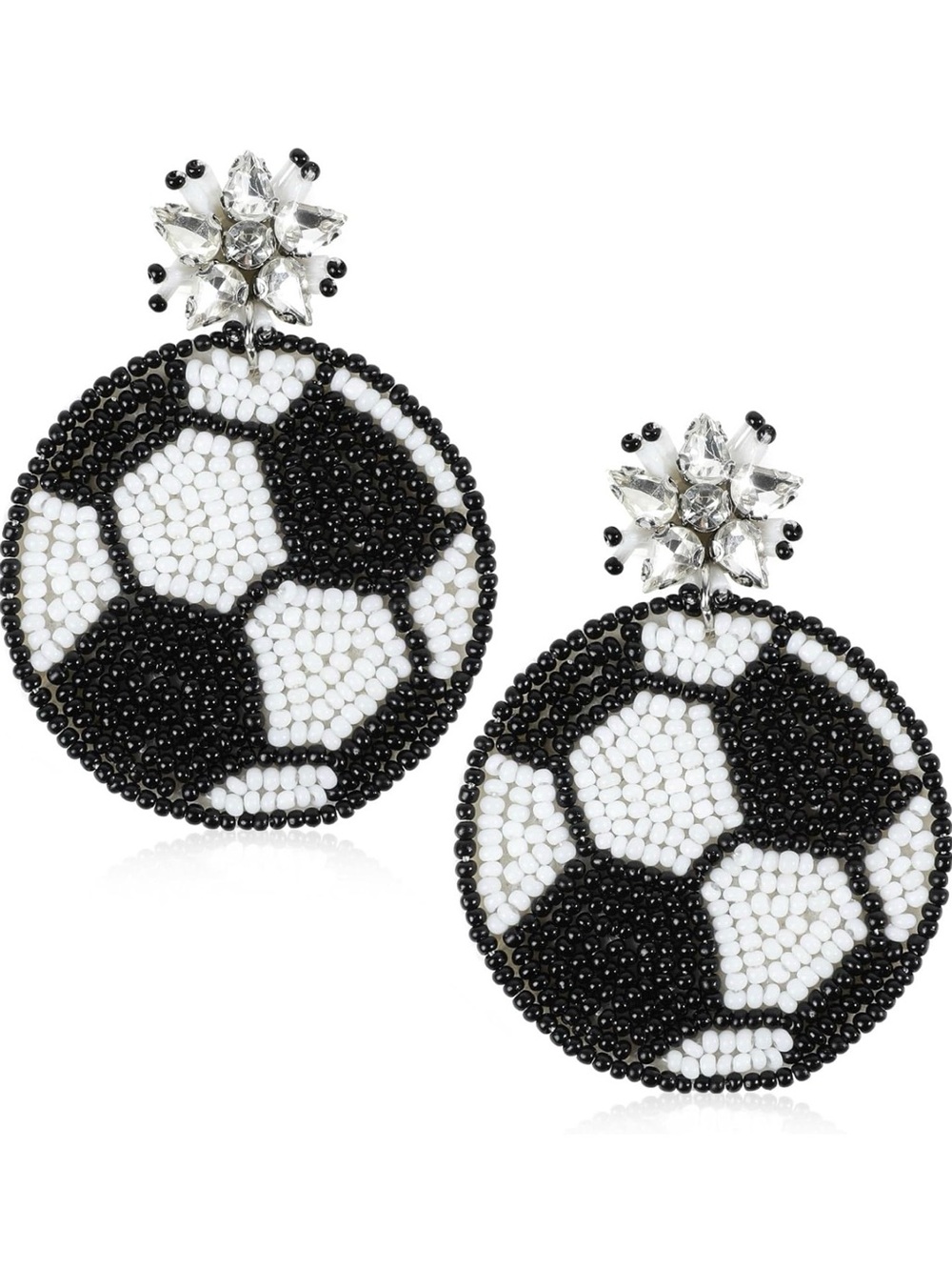 Black and White Beaded Soccer Ball Drop Earrings - Unbranded